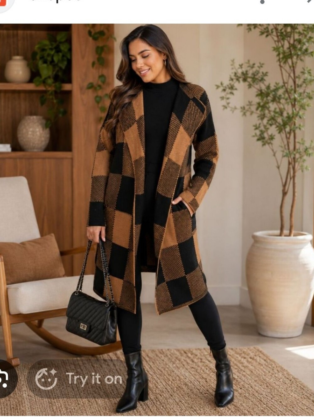 Braciano Black and Brown Baciano Checkered Long  Cardigan Size L
